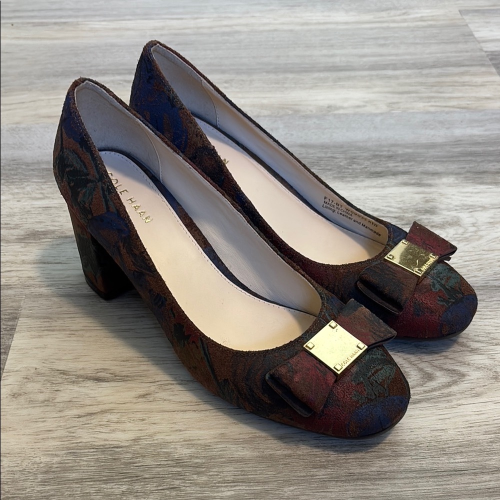 Cole Haan Burgundy Multicolor Floral Block Heel Pumps
